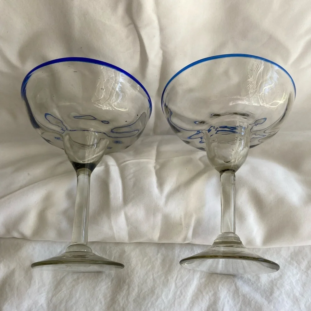 Vintage Margarita Glasses Blue Rim Mexican Hand‎ blown 6.5” x 5” set of 2